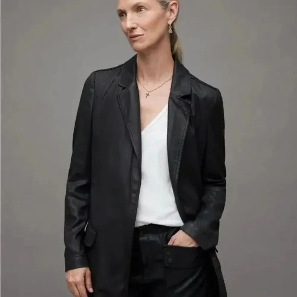 Women's ALLSAINTS Aleida Open Front Coated Denim Blazer In Black Size 10 New